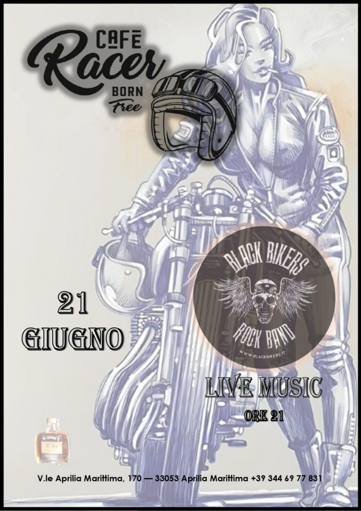 Locandina dell'evento dei Black Bikers del 21 giugno 2025 al Bar Cafè Racer. 