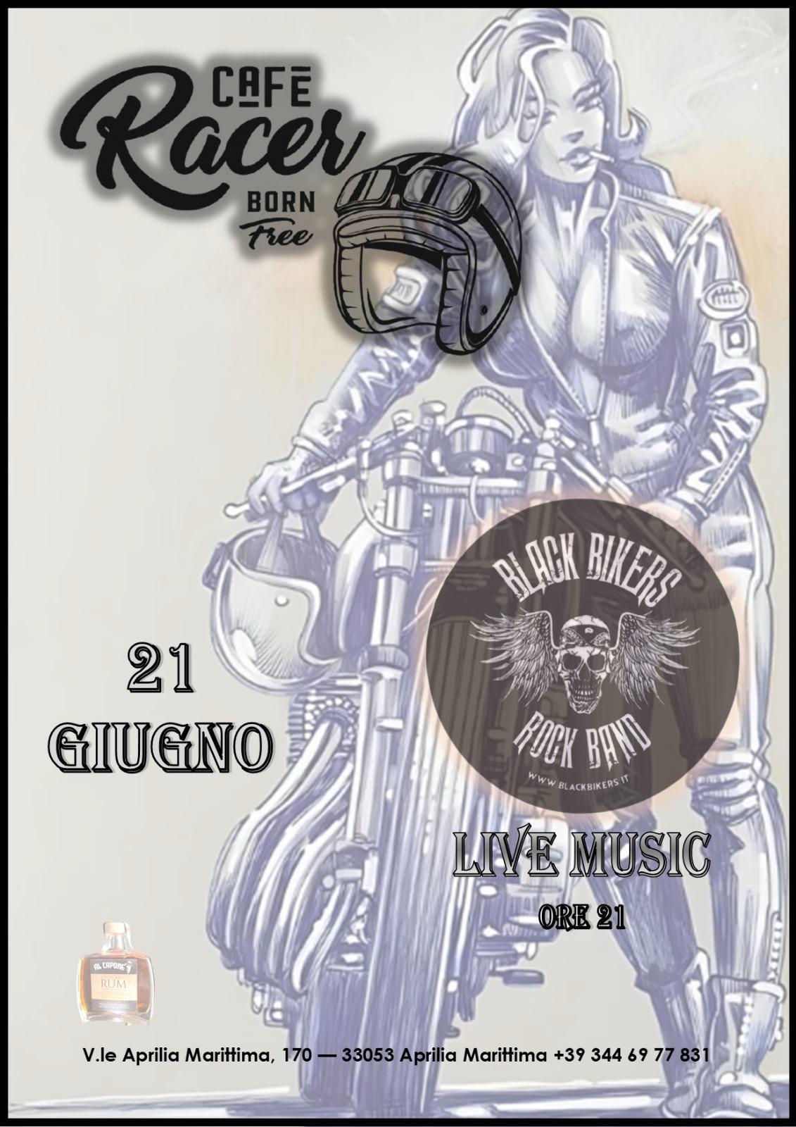 Locandina dell'evento dei Black Bikers del 21 giugno 2025 al Bar Cafè Racer.