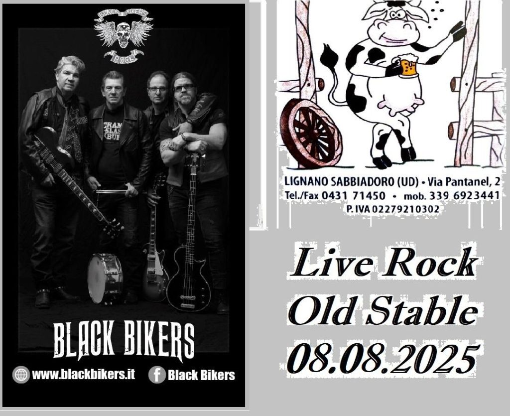 Locandina dell'evento dei Black Bikers dell'08 agosto 2025, all'Old Stable di Lignano Sabbiadoro.