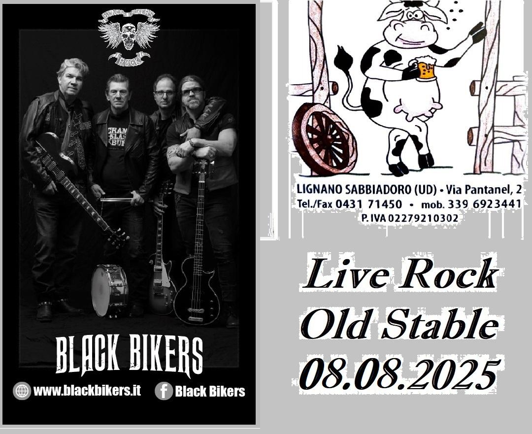 Locandina dell'evento dei Black Bikers dell'08 agosto 2025, all'Old Stable di Lignano Sabbiadoro.